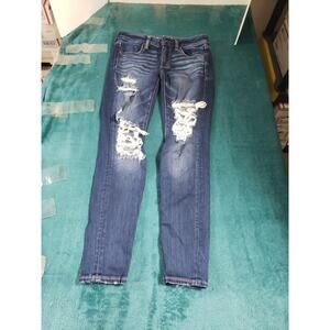 American Eagle Jeans Size 2 Womens Blue Stretch Distressed Mid Rise Jegging